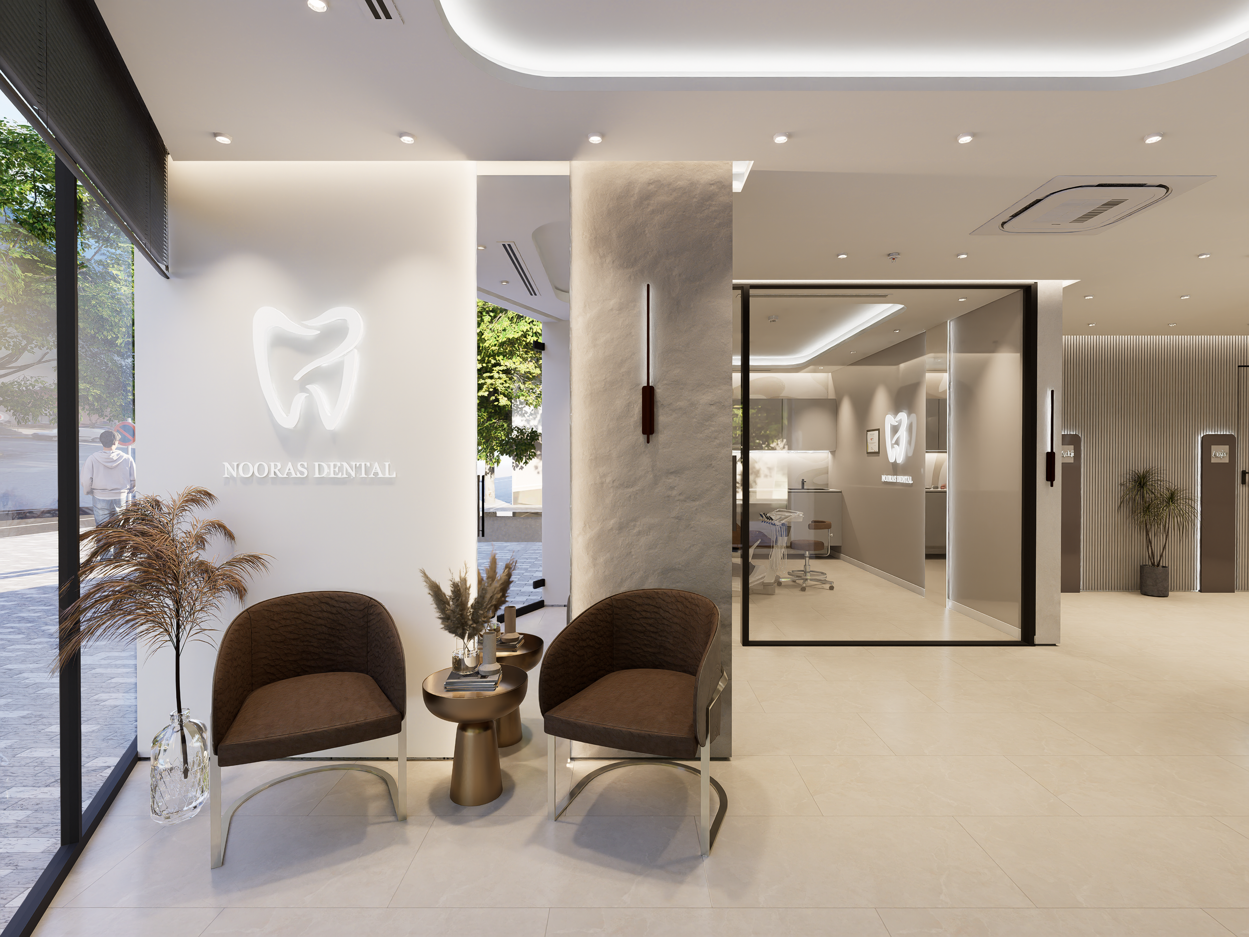 Nooras Dental projemizde pencere önünde konumlanan ikili bekleme alanı ve sehpa