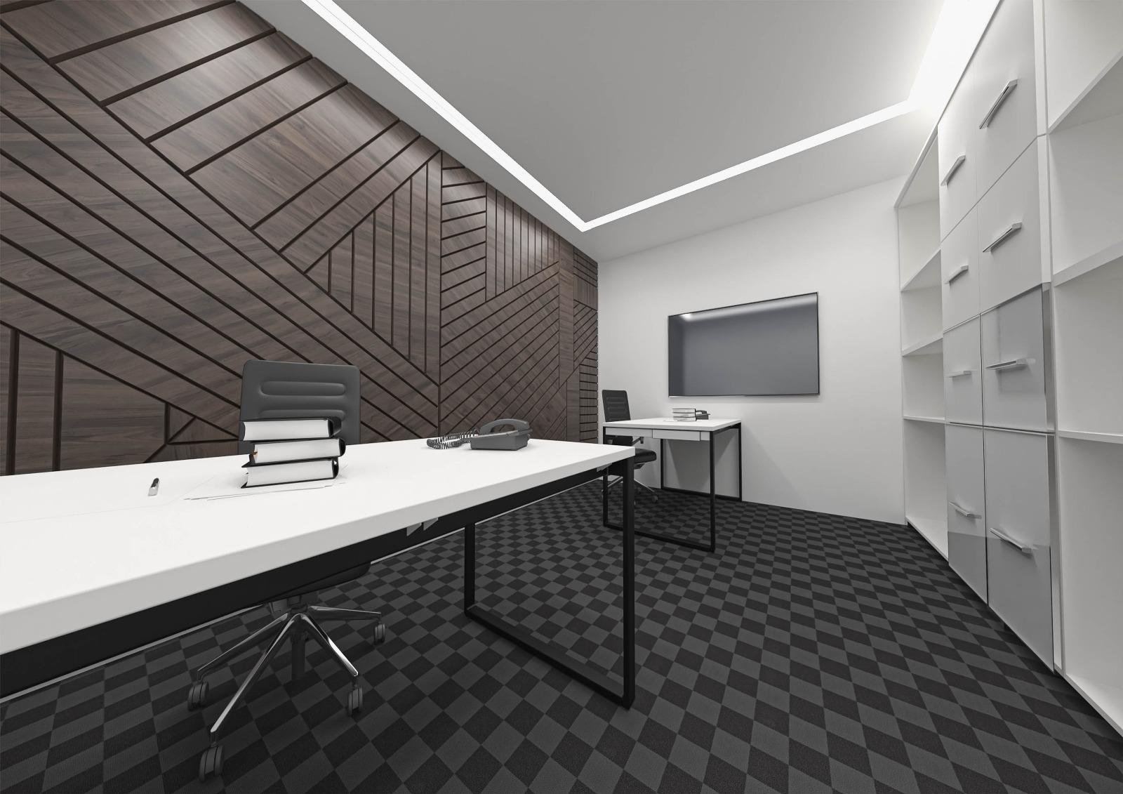 Sel Lojistik Ofis projemizde çapraz desenli ahşap duvar paneli ve beyaz boyalı duvarlar